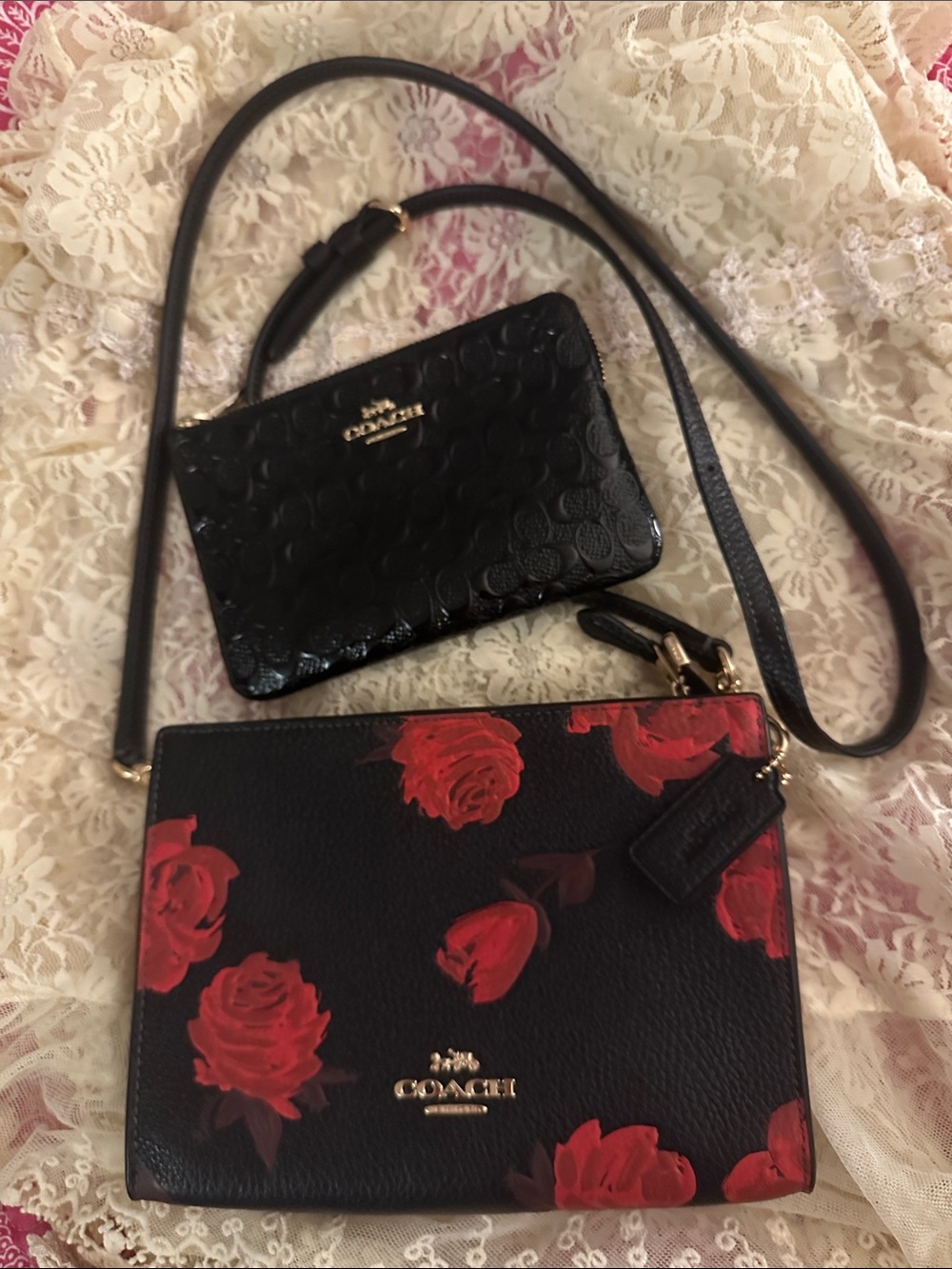 Coach Black Leather Crossbody with Red Rose Print Duo. EUC.